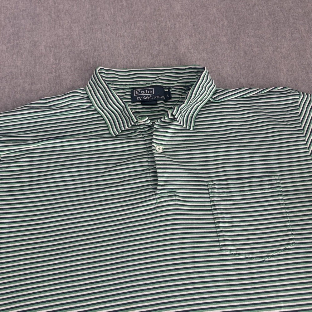 Polo Ralph Lauren Shirt Mens Large Green White Striped Pima Cotton Pocket Polo